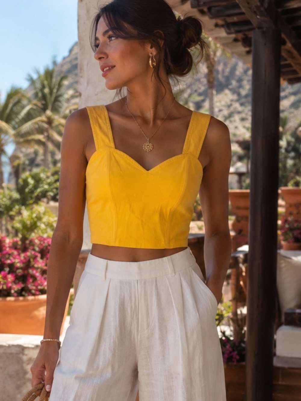 MESMERIZE Yellow Corset Style Crop Top Sweetheart Neck Back Zip Medium